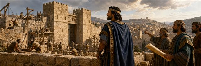 King Jotham inspecting a newly built gate and strengthened Judean fortifications